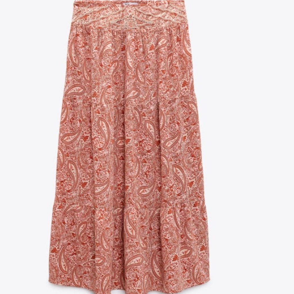 ZARA LONG PRINTED BEADED SKIRT NWT